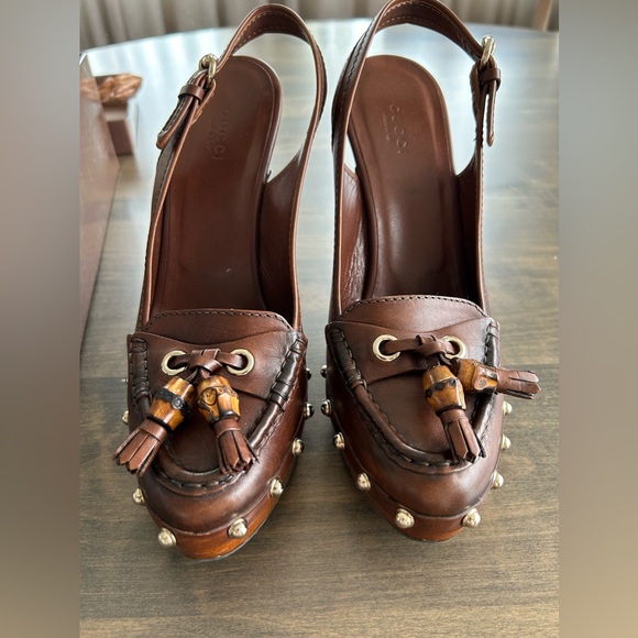 Authentic GUCCI Scar Pelle S Gomma Brown Slingbacks size 8 in original box - Picture 7 of 14
